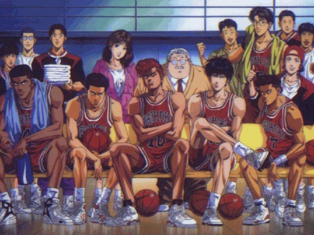 Image from the manga series "Slam Dunk" depicting a basketball team in Bulls-like regailia.