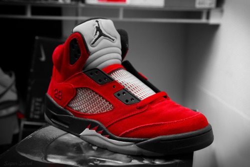 The Air Jordan 5 "Raging Bull" pictured brand new, unlaced.